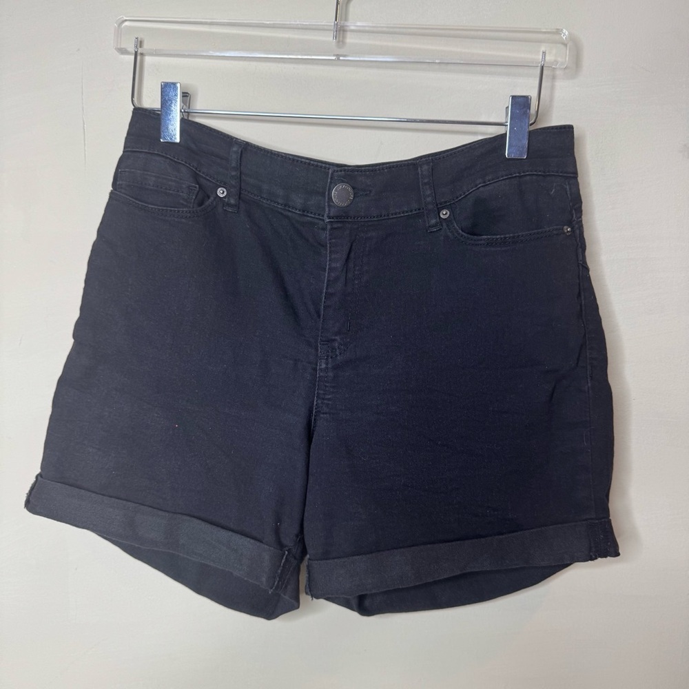 Juicy Couture Stretch Cuffed Jean Shorts Black Pockets Mid Rise size 10